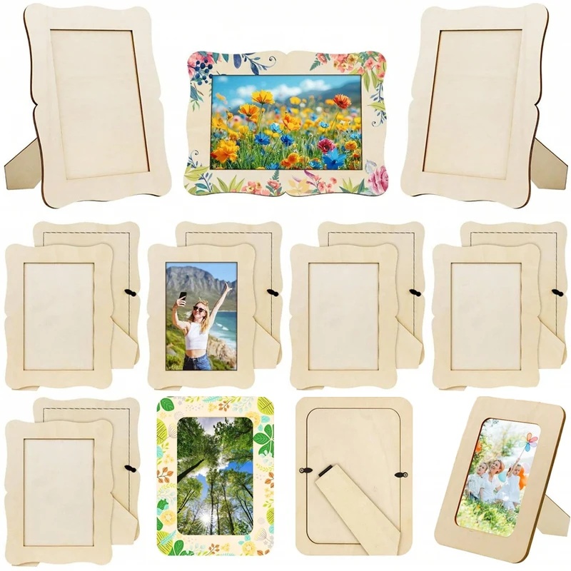 Bamboo Photo Frame - 5 個未完成木製フレーム波状/長方形フォトホルダー DIY 絵画工芸品写真ディスプレイスタンドホームオフィスデスクトップ装飾
