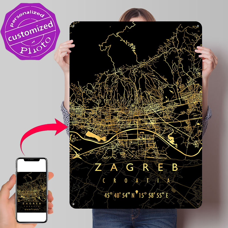 Home Decor Zagreb - ザグレブ地図クロアチア3Dテクスチャプリントポスターカスタムヴィンテージメタルティンプレートサイン壁掛けアートモダンホームデコレーション高級ルーム用