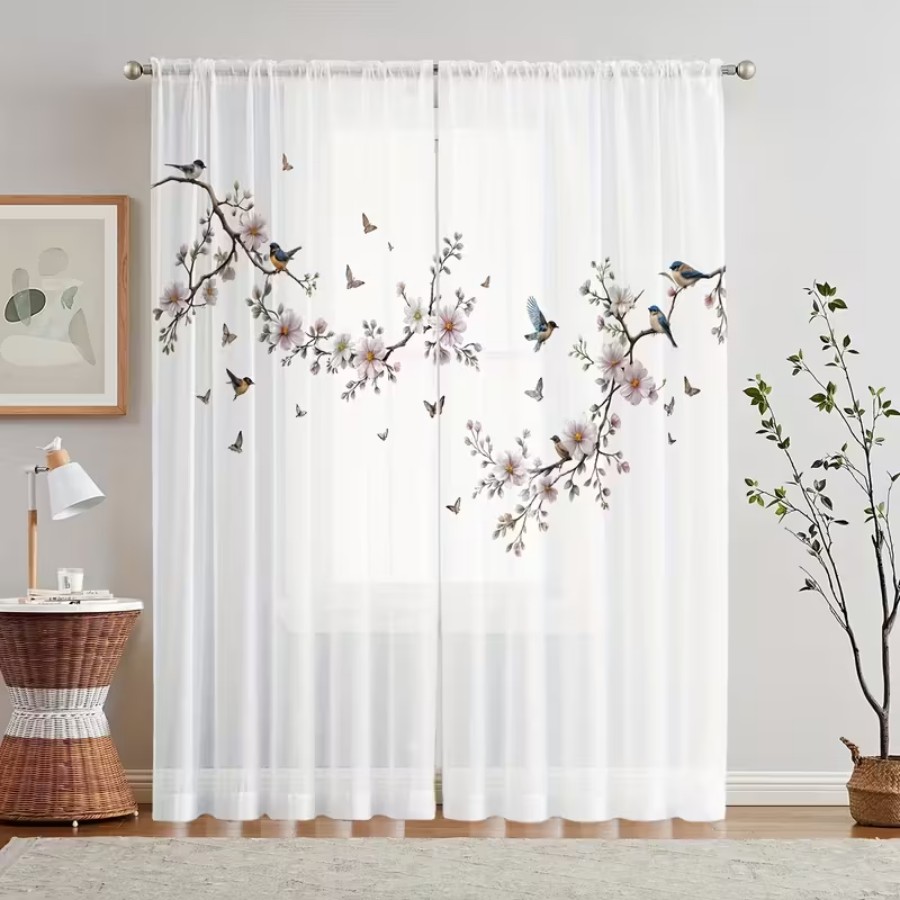 Home Decor Wall Panels - 2枚組デジタルプリントシアーカーテン、花鳥蝶自然庭園春の窓用ドレープ、リビングルーム寝室の家の装飾に