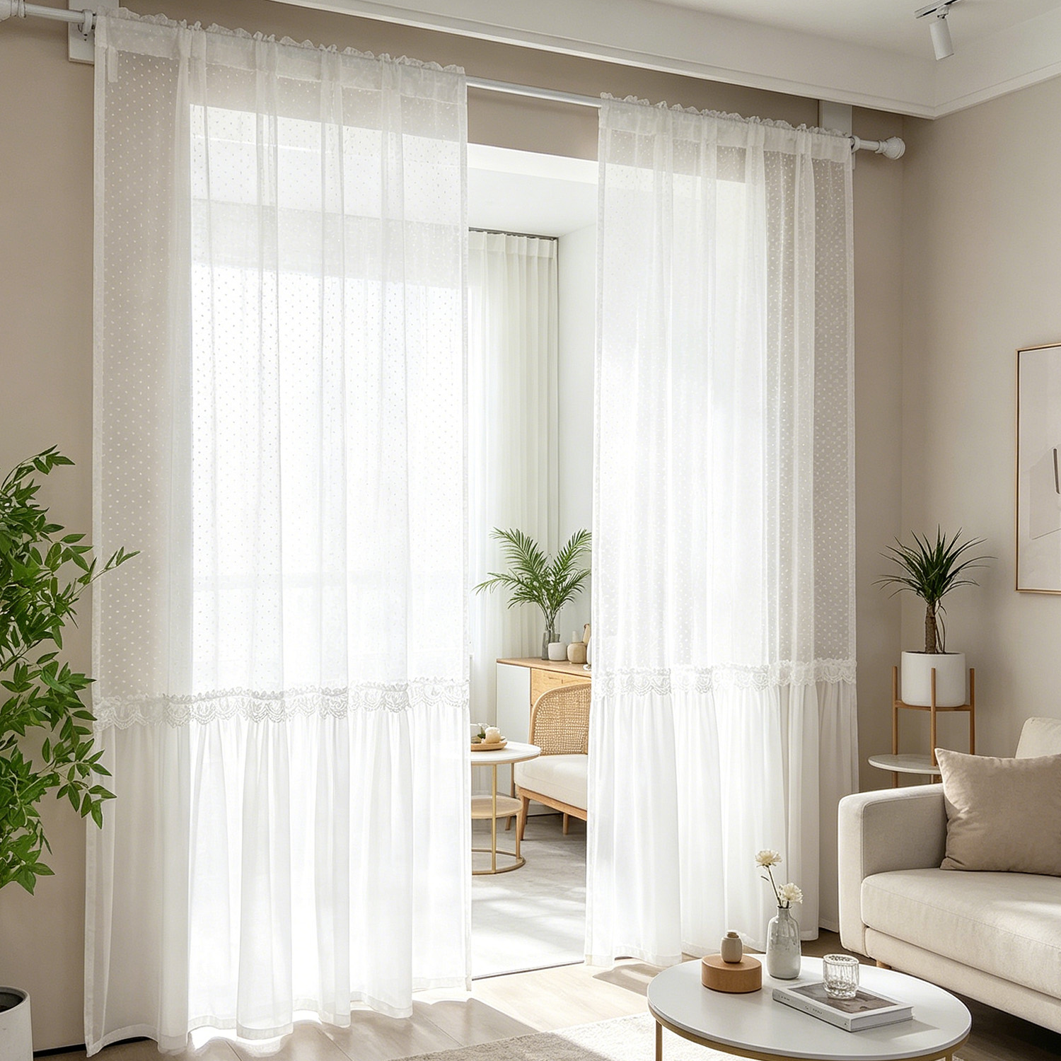 Home Decor Wall Panels - フランスのロマンチックな透け感のあるカーテン、水玉模様とレースのトリム付き、光を遮るドレープ、寝室、リビングルーム、女の子の部屋、家の装飾に