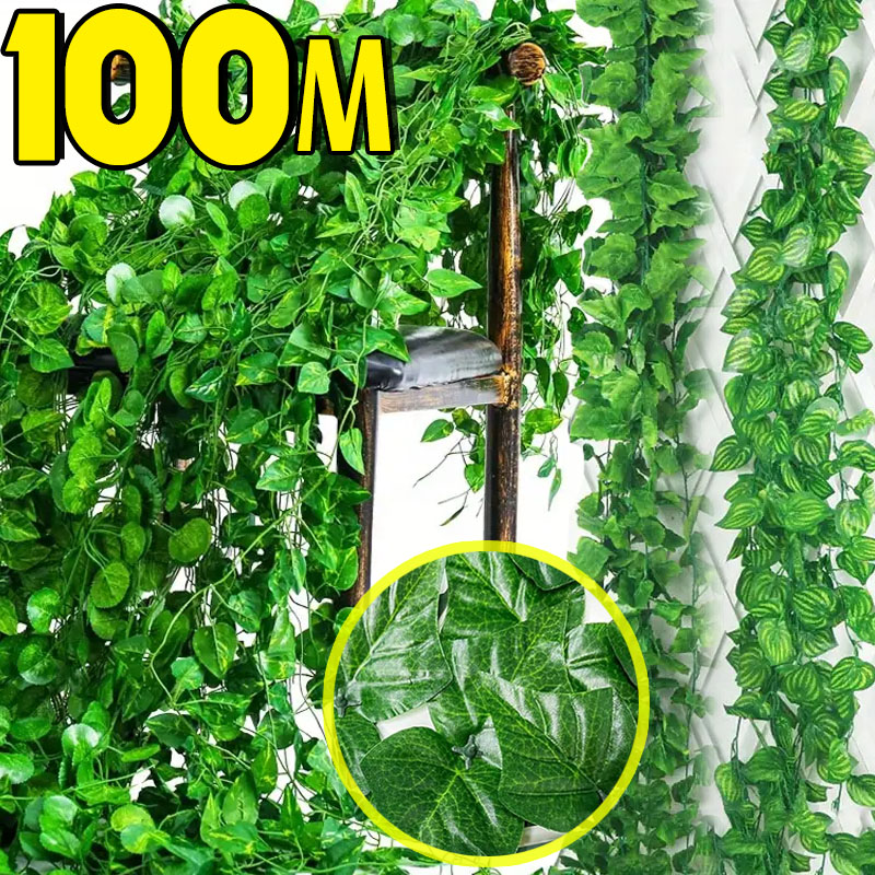 Rattan Plant Basket - 100/2 メートル人工グリーンアイビーつる花輪偽の葉植物籐ぶら下げつる花輪庭のウェディングパーティーの壁の装飾