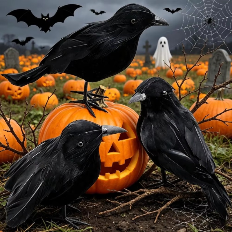 Home Decor Inspo - 1PC ブラッククロウ ハロウィンデコレーション リアルな植毛羽根付き動物小道具 家庭用 庭用