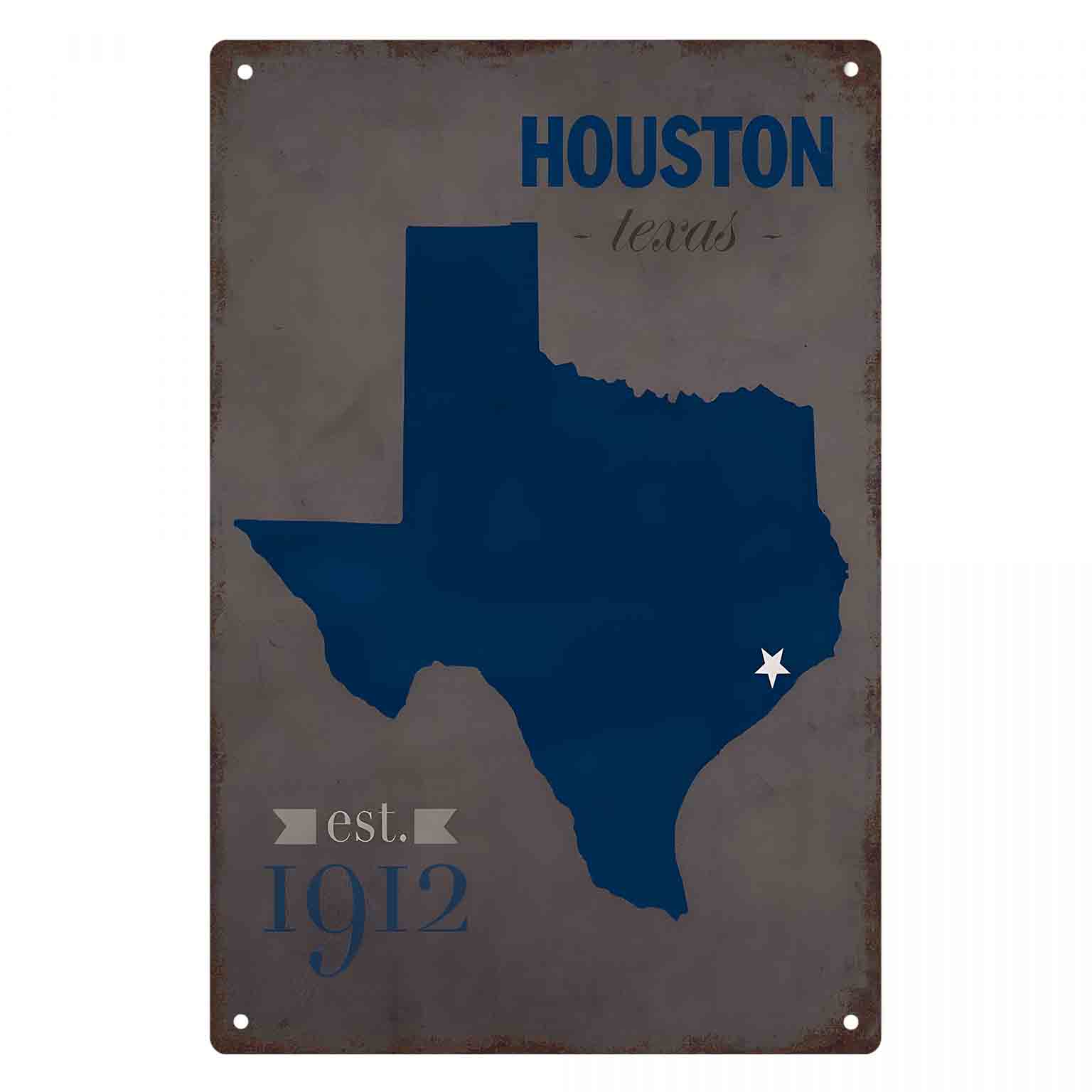 Home Decor Houston - 2Dフラット1ピース ヒューストン テキサス ブルーマップ メタルウォールサイン ホームカフェ