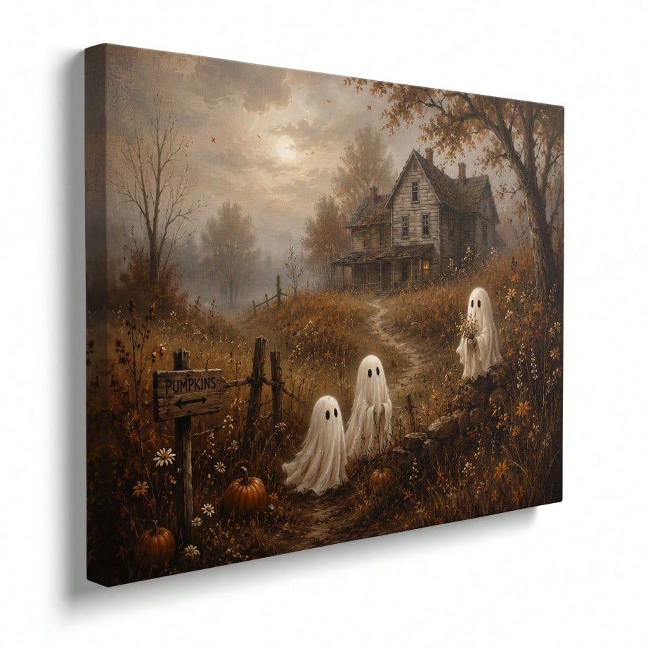 Home Decor Mirror - フレーム付きハロウィンキャンバスウォールアート ヴィンテージゴーストパンプキンハウスキャンバス絵画 ダークアカデミアホームウォールデコレーション