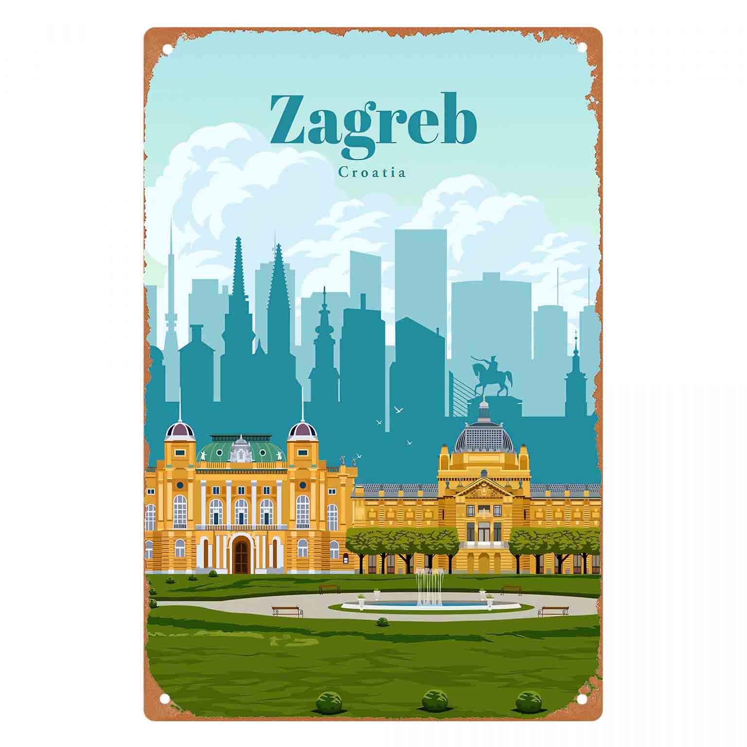 2Dフラット1ピースザグレブクロアチア都市風景メタルウォール - Home Decor Zagreb のレビューと価格