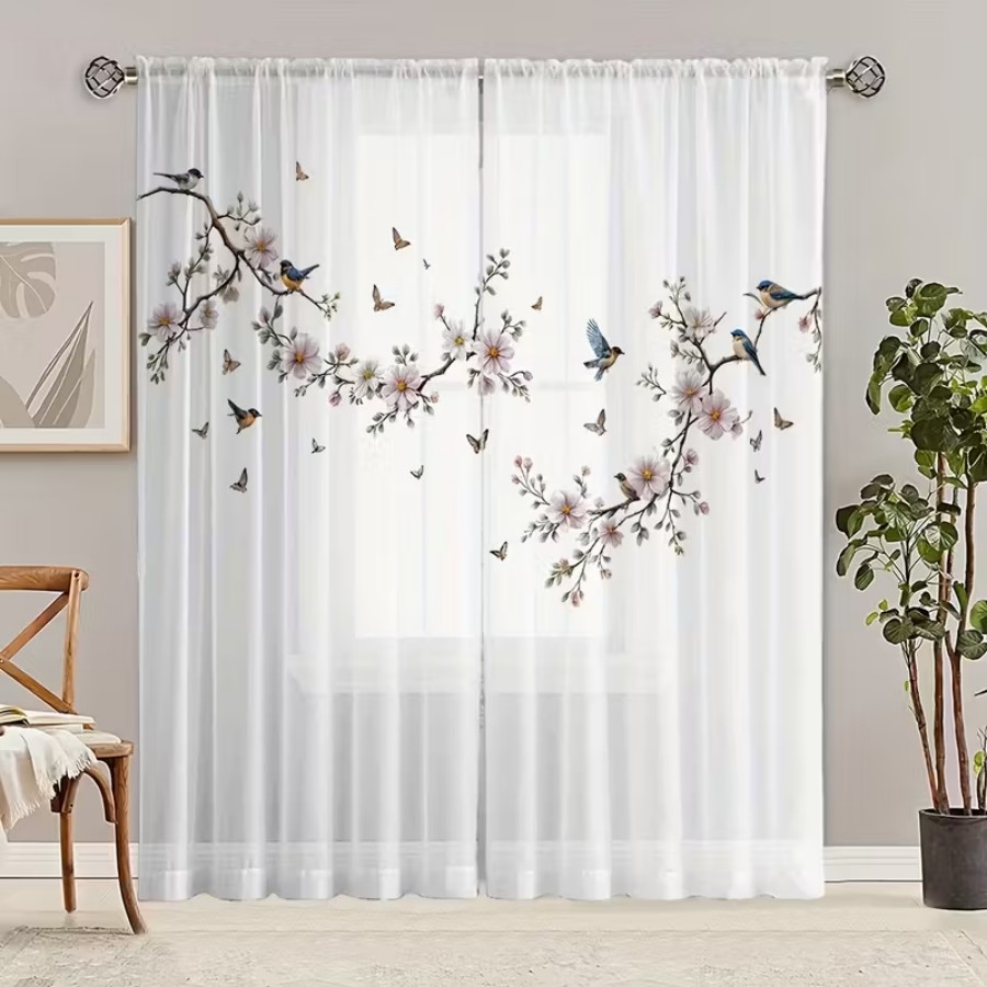 2枚組デジタルプリントシアーカーテン、花鳥蝶自然庭園春の窓用 - Home Decor Wall Panels のレビューと価格