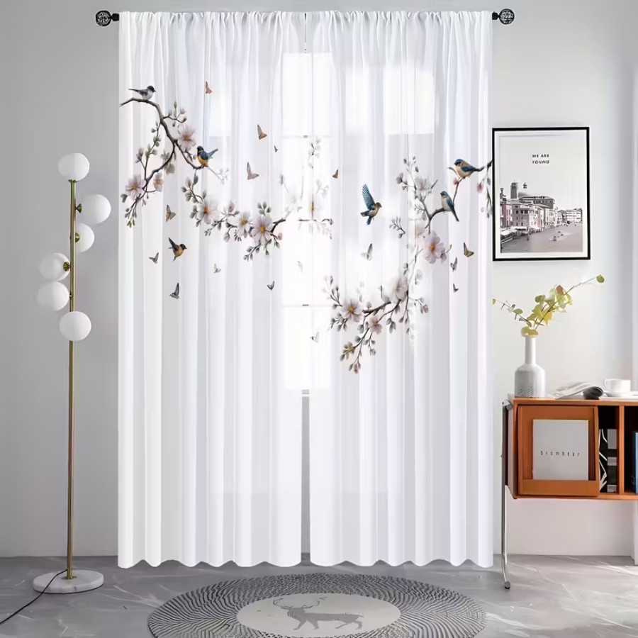 2枚組デジタルプリントシアーカーテン、花鳥蝶自然庭園春の窓用 - Home Decor Wall Panels のレビューと価格