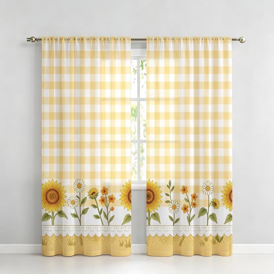 2枚組デジタルプリントシアーカーテン、黄色の格子柄ひまわり柄 - Home Decor Wall Panels のレビューと価格