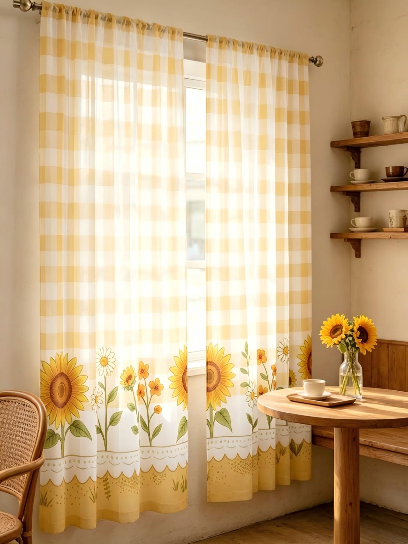 2枚組デジタルプリントシアーカーテン、黄色の格子柄ひまわり柄 - Home Decor Wall Panels のレビューと価格