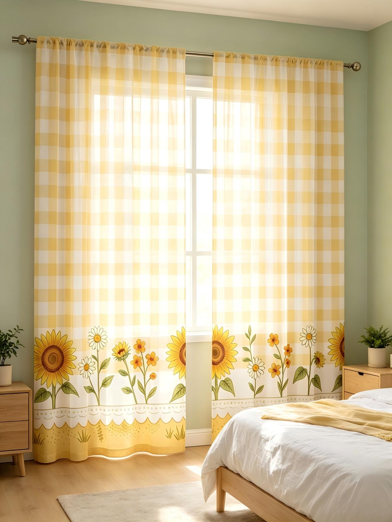 2枚組デジタルプリントシアーカーテン、黄色の格子柄ひまわり柄 - Home Decor Wall Panels のレビューと価格