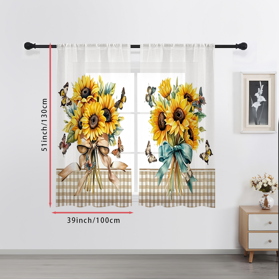2枚組デジタルプリントシアーカーテン、格子柄ひまわり、モダン - Home Decor Wall Panels のレビューと価格