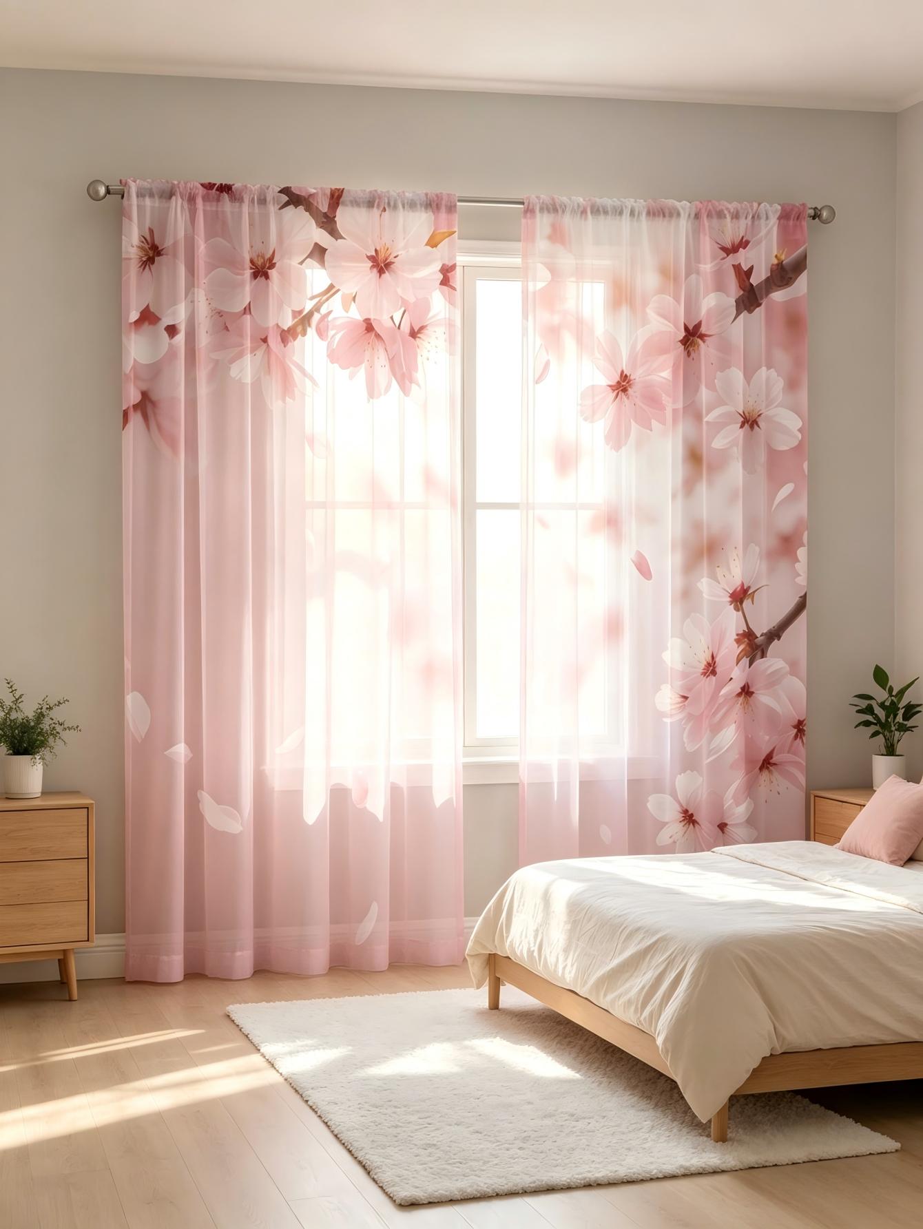 2枚組デジタルプリントシアーカーテン、ソフトピンク桜柄ウィン - Home Decor Wall Panels のレビューと価格